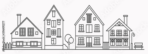 Linear cityscape with various row houses. Outline illustration. Old buildings in neighborhood.