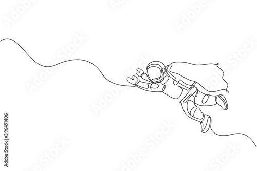 Single continuous line drawing floating science astronaut in spacewalk fly wearing wing suit. Fantasy deep space exploration, fiction concept. Trendy one line draw design vector graphic illustration