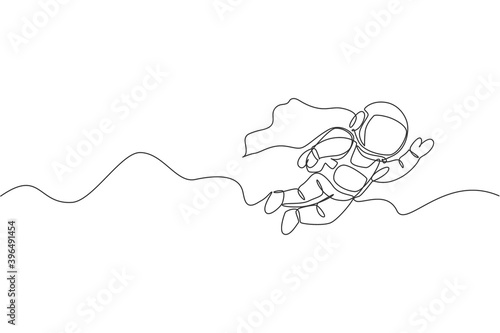 One single line drawing of space man astronaut exploring cosmic galaxy, flying with wing suit vector graphic illustration. Fantasy outer space life fiction concept. Modern continuous line draw design