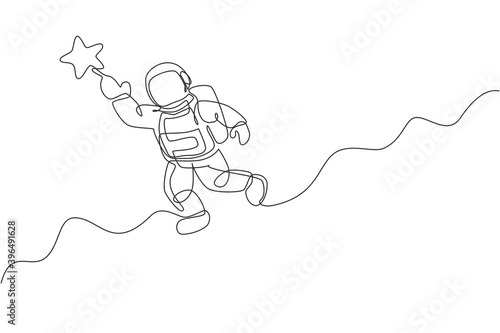 Wallpaper Mural One continuous line drawing of cosmonaut exploring outer space. Astronaut reaching flying star. Fantasy cosmic galaxy discovery concept. Dynamic single line draw graphic design vector illustration Torontodigital.ca