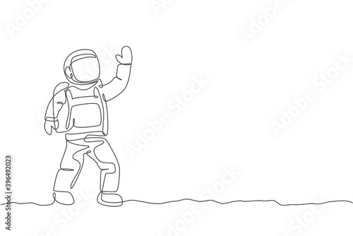 Single continuous line drawing of young cosmonaut scientist discovering spacewalk universe in vintage style. Astronaut cosmic traveler concept. Trendy one line draw graphic design vector illustration
