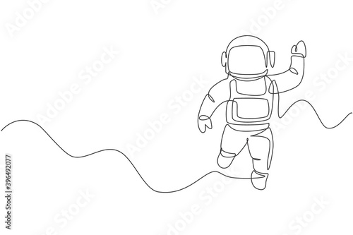 Single continuous line drawing of young cosmonaut scientist discovering spacewalk universe in vintage style. Astronaut cosmic traveler concept. Trendy one line draw graphic design vector illustration