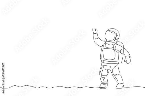 Single continuous line drawing of young cosmonaut scientist discovering spacewalk universe in vintage style. Astronaut cosmic traveler concept. Trendy one line draw graphic design vector illustration