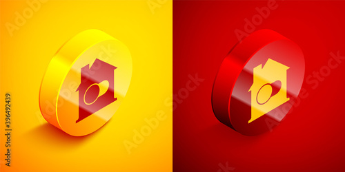 Isometric Smart home icon isolated on orange and red background. Remote control. Circle button. Vector.