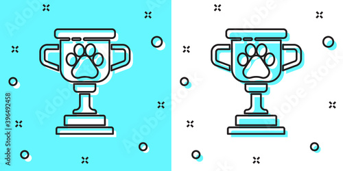 Black line Pet award symbol icon isolated on green and white background. Medal with dog footprint as pets exhibition winner concept. Random dynamic shapes. Vector.