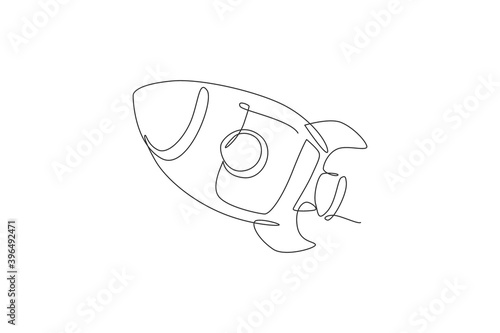 One single line drawing of simple vintage rocket takes off into the outer space graphic vector illustration. Exploration cosmos galactic with spaceship concept. Modern continuous line draw design