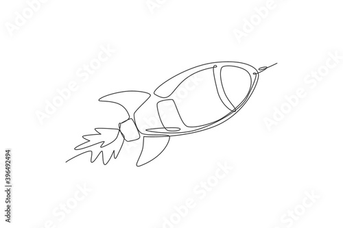 One continuous line drawing of simple retro spacecraft flying up to the outer space nebula. Rocket space ship launch into universe concept. Dynamic single line draw design graphic vector illustration