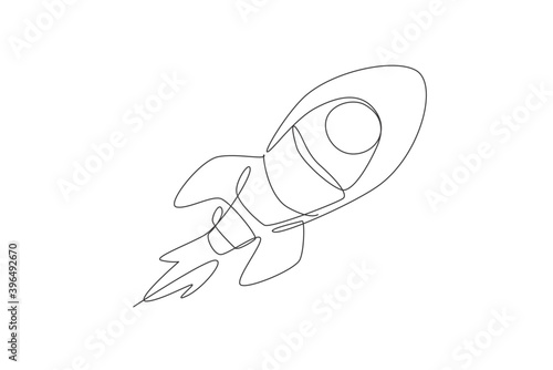 One continuous line drawing of simple retro spacecraft flying up to the outer space nebula. Rocket space ship launch into universe concept. Dynamic single line draw graphic design vector illustration