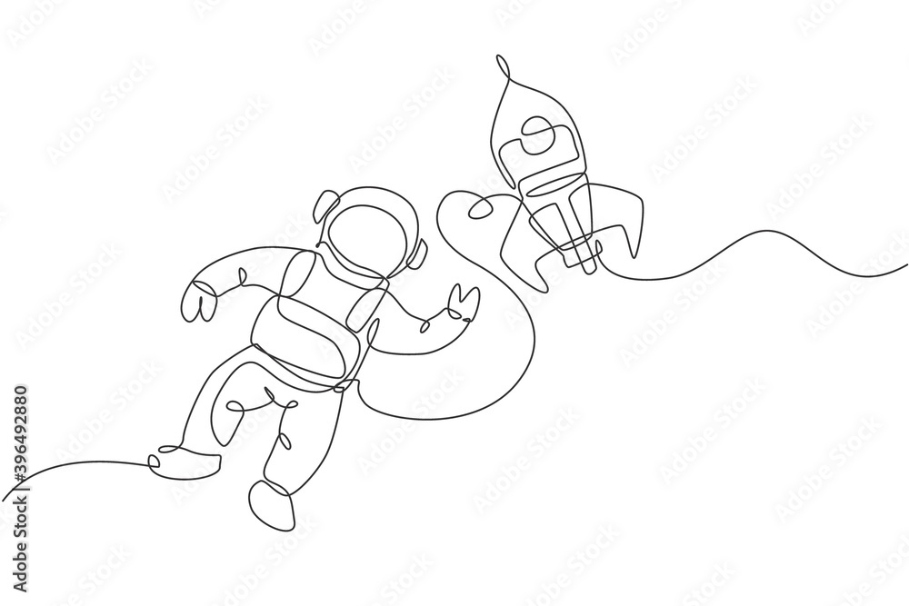 Vetor de One single line drawing of astronaut in spacesuit floating and ...