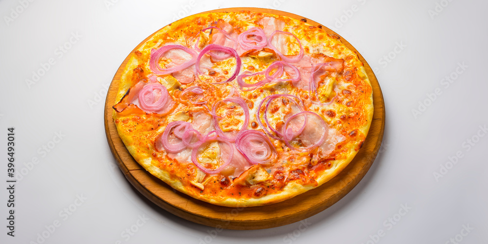 Pizza Carbonara with meat and onions isolated on white. Delicious pizza meal. Italian cuisine. Pizza Carbonara with meat and onions isolated on white. Delicious pizza meal. Italian cuisine.