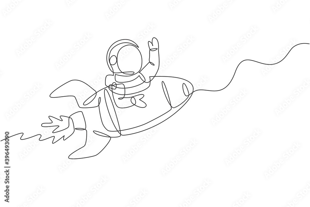 Single continuous line drawing of astronaut in spacesuit waving hand at ...
