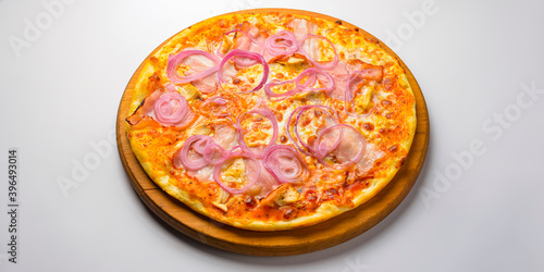 Pizza Carbonara with meat and onions isolated on white. Delicious pizza meal. Italian cuisine.