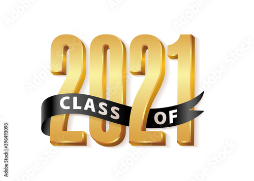 Class of 2021 Graduate Gold Lettering Graduation 3d logo with black ribbon. Template for graduation design, party, high school or college graduate, yearbook 2021. Vector illustration