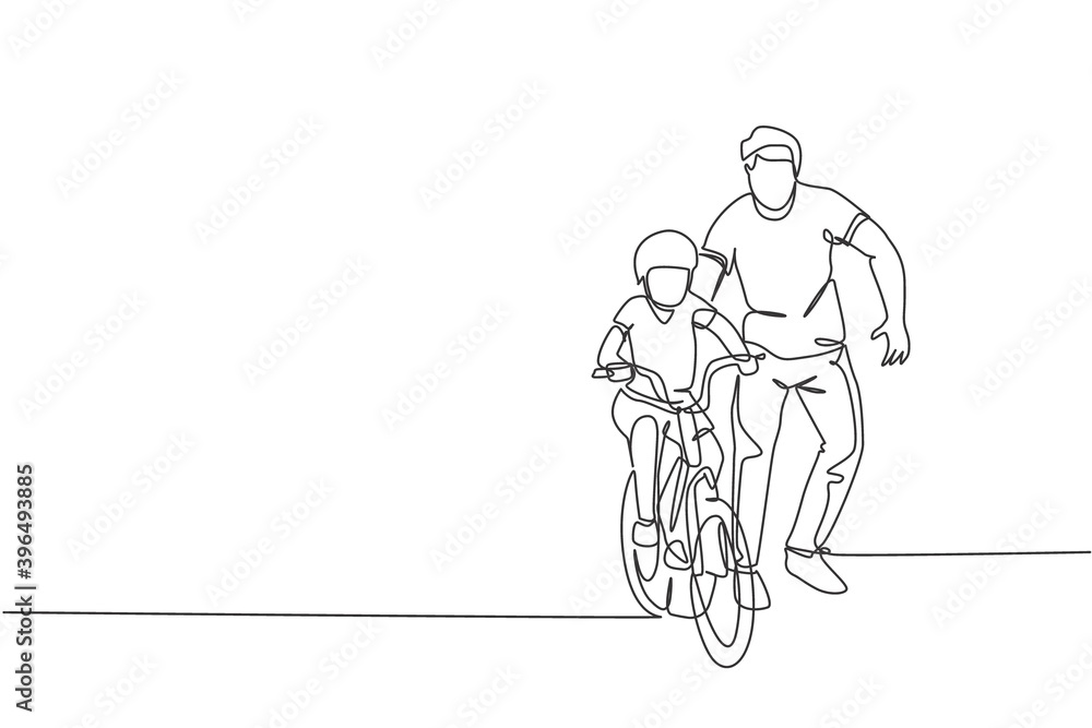 One continuous line drawing of young father help his son learning to ride a bicycle at countryside together. Parenthood lesson concept. Dynamic single line draw graphic design vector illustration One continuous line drawing of young father help his son learning to ride a bicycle at countryside together. Parenthood lesson concept. Dynamic single line draw graphic design vector illustration