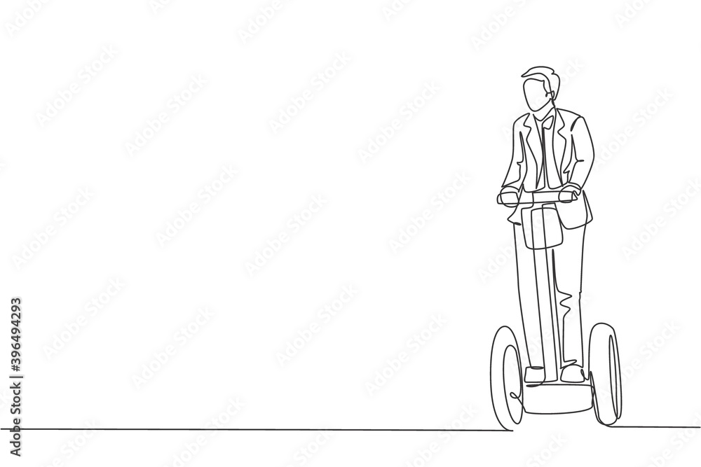 Single continuous line drawing young happy businessman riding kick scooter to the company. Eco friendly transportation. Urban lifestyle concept. Trendy one line draw graphic design vector illustration Single continuous line drawing young happy businessman riding kick scooter to the company. Eco friendly transportation. Urban lifestyle concept. Trendy one line draw graphic design vector illustration