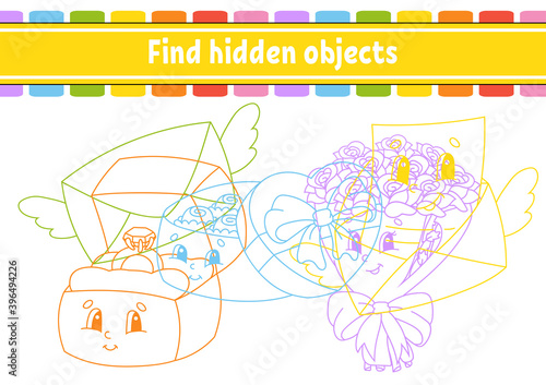 Find hidden object. Education developing worksheet. Activity page with pictures. Color contour. Logical thinking training. Isolated vector illustration. Funny character. Cartoon style.