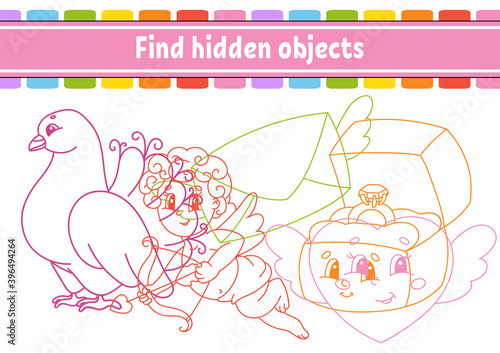 Find hidden object. Education developing worksheet. Activity page with pictures. Color contour. Logical thinking training. Isolated vector illustration. Funny character. Cartoon style.