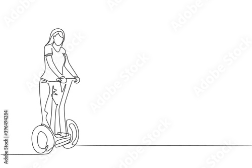 One continuous line drawing of young happy woman ride electric kick scooter at outdoor park. Green transportation. Future urban lifestyle concept. Dynamic single line draw design vector illustration