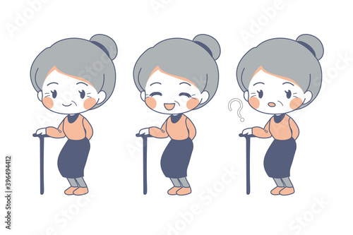 杖をついたおばあさんのイラストセット・ベクター