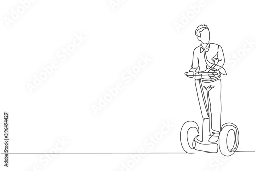 One single line drawing young energetic worker man riding two wheel balance to the office vector illustration. Future transport. Healthy lifestyle sport concept. Modern continuous line draw design