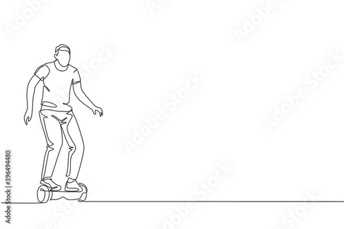 One single line drawing of young energetic man riding hoverboard at city park vector illustration. Future gyroscooter transport. Healthy lifestyle sport concept. Modern continuous line draw design