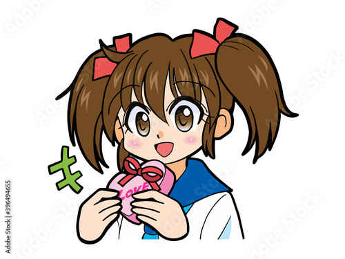 笑顔でバレンタインチョコを渡すセーラー服の少女