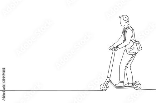 One single line drawing of young energetic man riding electric scooter at city park vector graphic illustration. Future transport. Healthy lifestyle sport concept. Modern continuous line draw design