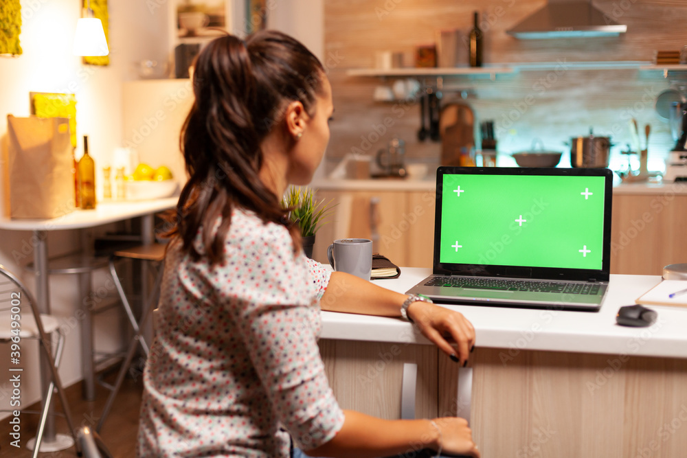 Woman using laptop with green mockup. Sitting at desk works on computer late at night, business, online, smart, blank, copyspace, digital, display. Woman using laptop with green mockup. Sitting at desk works on computer late at night, business, online, smart, blank, copyspace, digital, display.