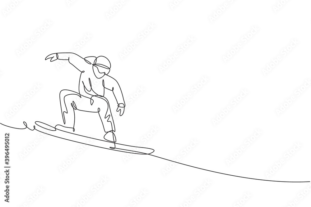 Single continuous line drawing of young sportive snowboarder man riding snowboard at mountain. Outdoor extreme sport. Winter season vacation concept. Trendy one line draw design vector illustration