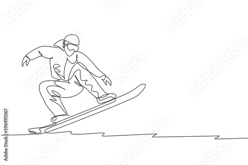 One single line drawing young energetic snowboarder man ride fast snowboard at snowy mountain graphic vector illustration. Tourist vacation lifestyle sport concept. Modern continuous line draw design