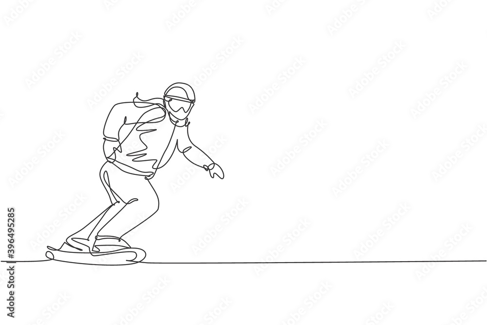 Single continuous line drawing of young sportive snowboarder woman riding snowboard at mountain. Outdoor extreme sport. Winter season vacation concept. Trendy one line draw design vector illustration