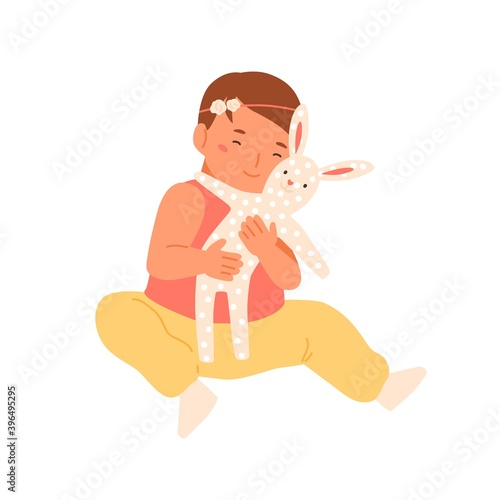 Portrait of cute toddler playing with textile rabbit toy. Little baby girl hugging lovely hare. Happy infant embracing funny bunny. Flat vector cartoon illustration isolated on white