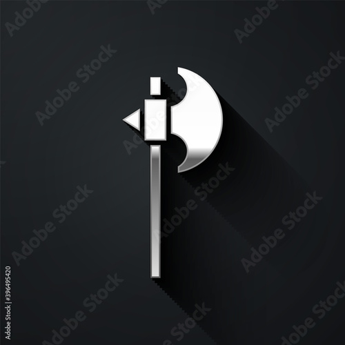 Silver Medieval axe icon isolated on black background. Battle axe, executioner axe. Medieval weapon. Long shadow style. Vector.