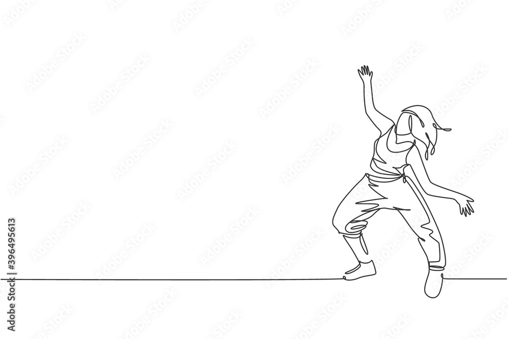 One single line drawing of young modern street dancer woman performing hip hop dance on the stage graphic vector illustration. Urban generation lifestyle concept. Continuous line draw design One single line drawing of young modern street dancer woman performing hip hop dance on the stage graphic vector illustration. Urban generation lifestyle concept. Continuous line draw design
