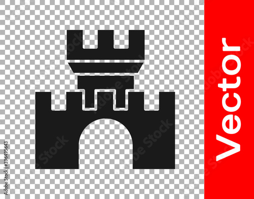 Black Castle icon isolated on transparent background. Medieval fortress with a tower. Protection from enemies. Reliability and defense of the city. Vector.