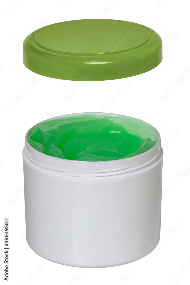 Closeup of a opened white plastic jar or container for cosmetic gel or cream with a green cap isolated on a white background. Empty space. Macro. Closeup of a opened white plastic jar or container for cosmetic gel or cream with a green cap isolated on a white background. Empty space. Macro.