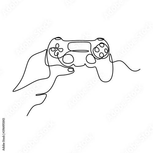 A hand holding game stick one line drawing vector illustration. A joystick to play the game minimalism hand-draw isolated on white background. Wireless game controller for PC concept.