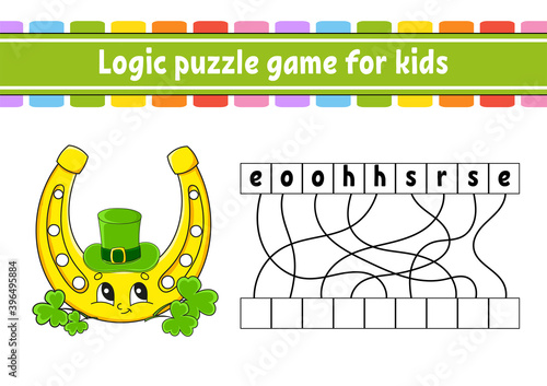 Logic puzzle game. Learning words for kids. Find the hidden name. Worksheet, Activity page. English game. Isolated vector illustration. Cartoon character. St. Patrick's day.