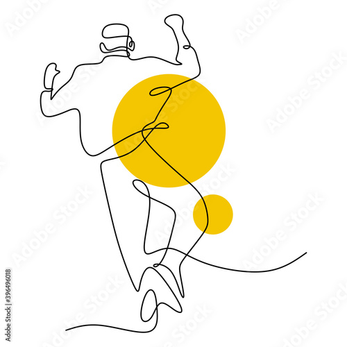 Continuous line drawing of happy jumping man. A young teenager male showed a happy expression with jumping high. The concept of freedom, succeed hand-drawn line art design with minimalist style