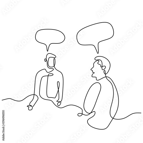 Continuous line drawing of two men sitting while talking about business plan with speech bubble. Young male enjoy discussing work task and strategy for new business isolated on white background