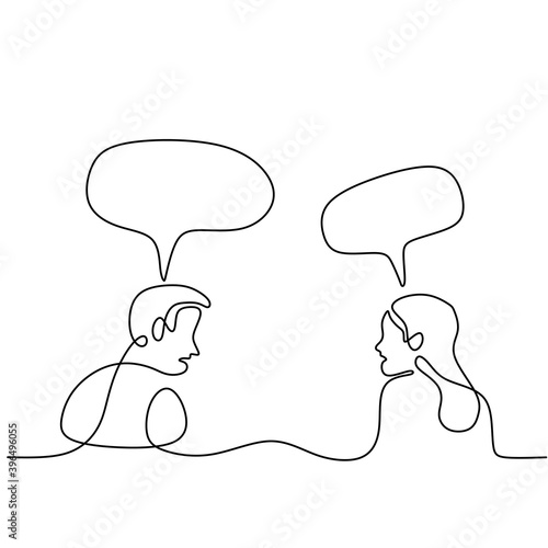 Continuous line drawing of man and woman having conversation with speech bubbles. Young couple sitting and Having small talk at home hand-drawn line art on white background. Communication concept