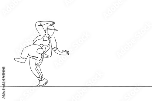 One single line drawing young modern street dancer man with tracksuit performing hip hop dance on the stage vector graphic illustration. Urban generation lifestyle concept. Continuous line draw design