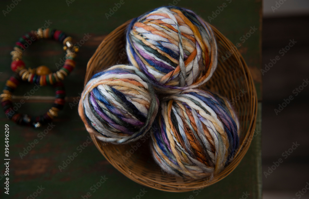 Multicolor yarn balls kept in a backet	