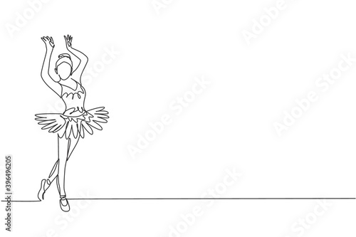 One single line drawing of young beauty dancer woman on tutu exercise classic ballet dance at ballet class graphic vector illustration. Choreographic move concept. Modern continuous line draw design