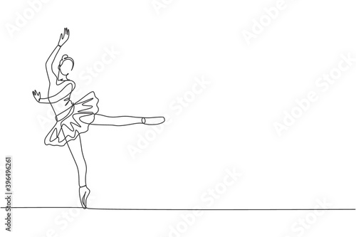 One continuous line drawing of young graceful woman ballet dancer perform beauty classic dance at stage of opera house. Ballet performance concept. Dynamic single line draw design vector illustration
