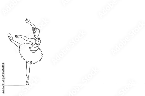 Single continuous line drawing of young graceful pretty ballerina demonstrated classic ballet choreography dancing skill. Opera dance concept. Trendy one line draw design graphic vector illustration