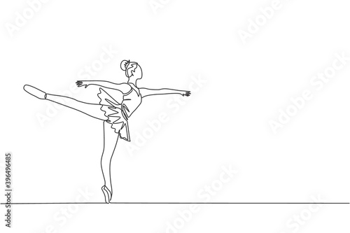One continuous line drawing of young graceful woman ballet dancer perform beauty classic dance at stage of opera house. Ballet performance concept. Dynamic single line draw design vector illustration