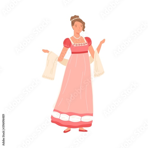 Beautiful young woman wearing pink dress in 19th century style. Female charac...