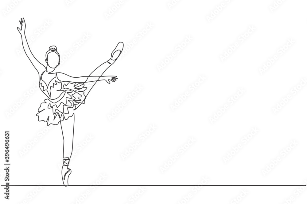 Obraz premium Single continuous line drawing of young graceful pretty ballerina demonstrated classic ballet choreography dancing skill. Opera dance concept. Trendy one line draw graphic design vector illustration