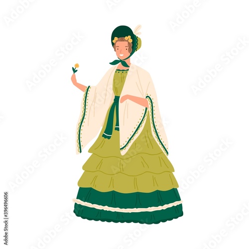 Vintage young woman wearing retro dress and hat decorated with ruffles in 1830s decade style. Female character in elegant baroque clothes. Flat vector cartoon illustration isolated on white